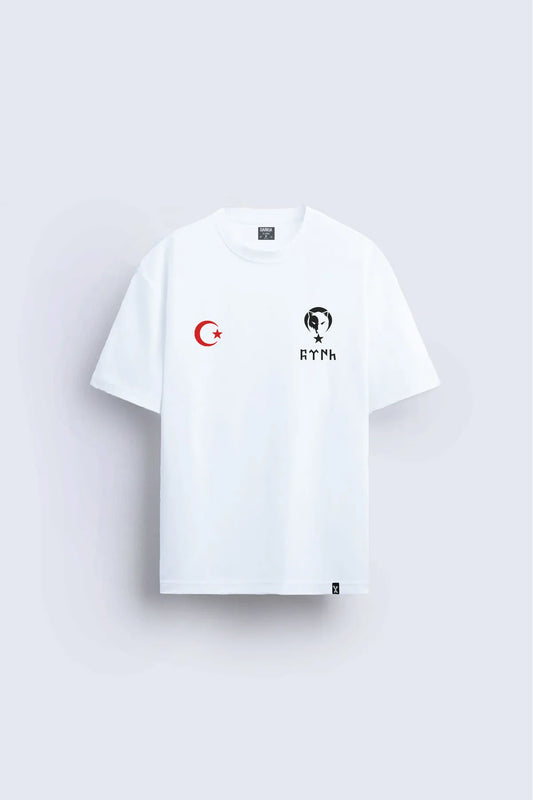 Türk Bozkurt Kurt  Türk Bayrağı  Baskılı Bisiklet Yaka Beyaz Tişört