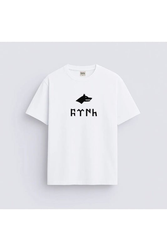 Türk Bozkurt Göktürkçe Yazılı Baskılı Bisiklet Yaka Beyaz Tişört