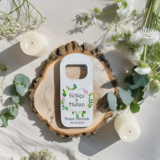 Yeşili Yapraklı Geometrik Çerçeve Tasarımlı – Kişiye Özel Plastik Açacak Magnet