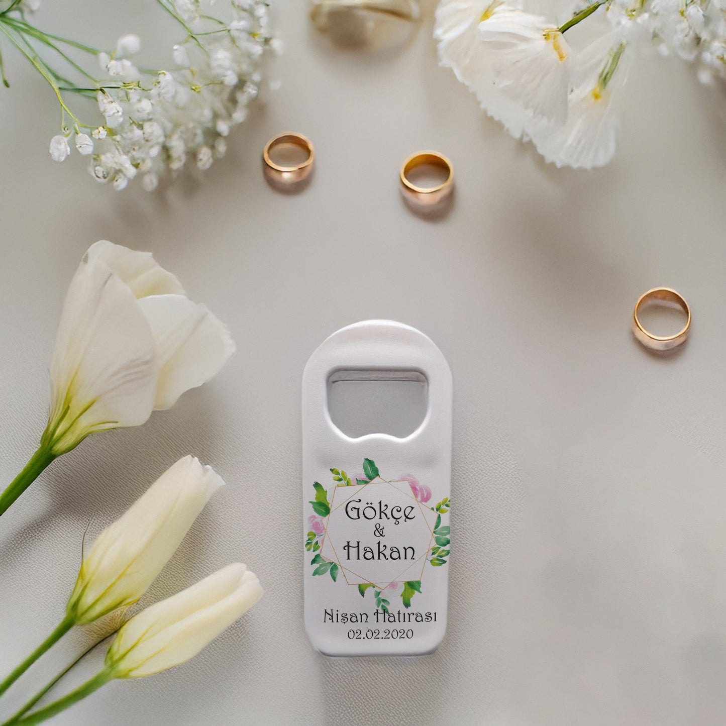 Yeşili Yapraklı Geometrik Çerçeve Tasarımlı – Kişiye Özel Plastik Açacak Magnet