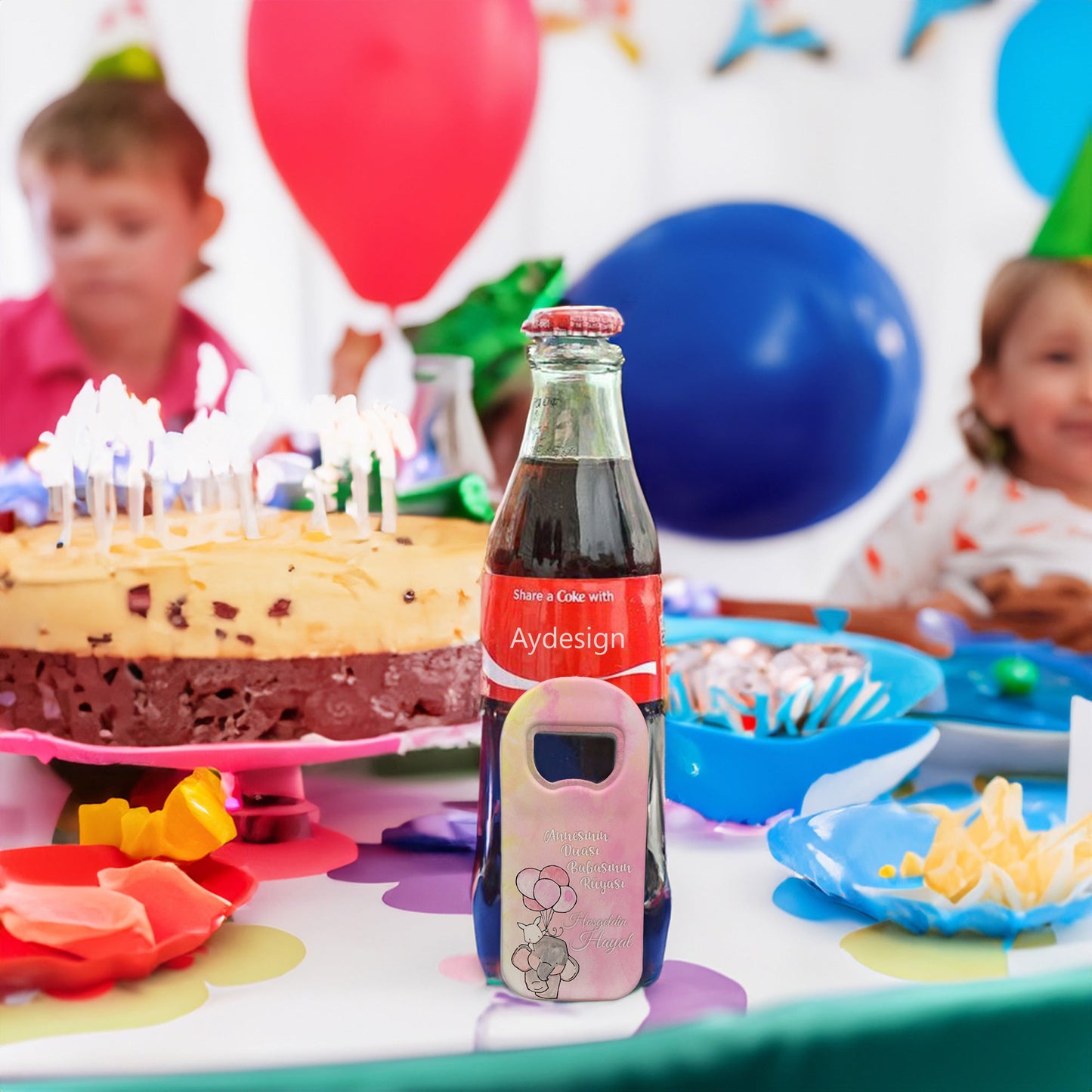 Pembe Zeminli Fil ve Balon Temalı Plastik Açacak Magnet | Doğumgünü, Babyshower, Diş Buğdayı ve Sünnet Organizasyonlarınızın Unutulmaz Hatırası!