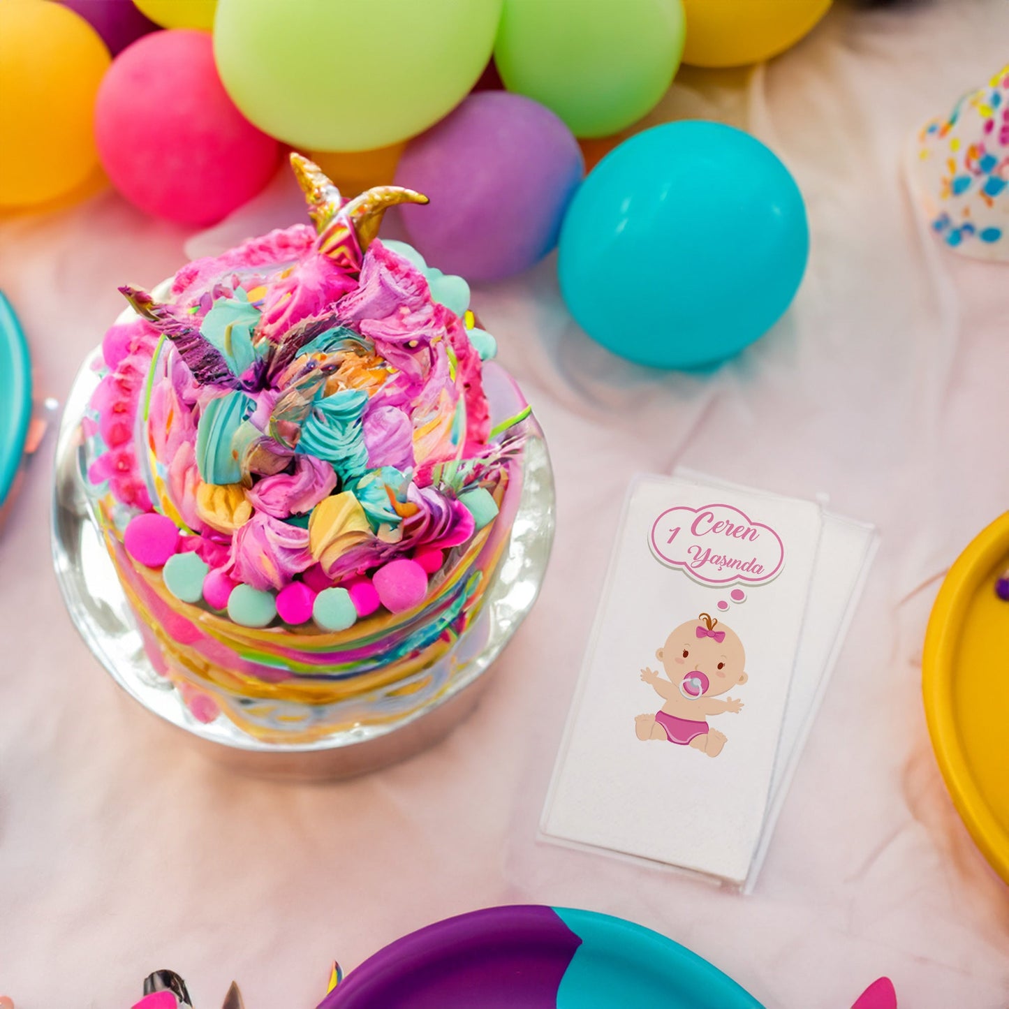 Baloncuklu Kız Bebek Temalı Baskılı Peçeteler - AyDesign.com.tr