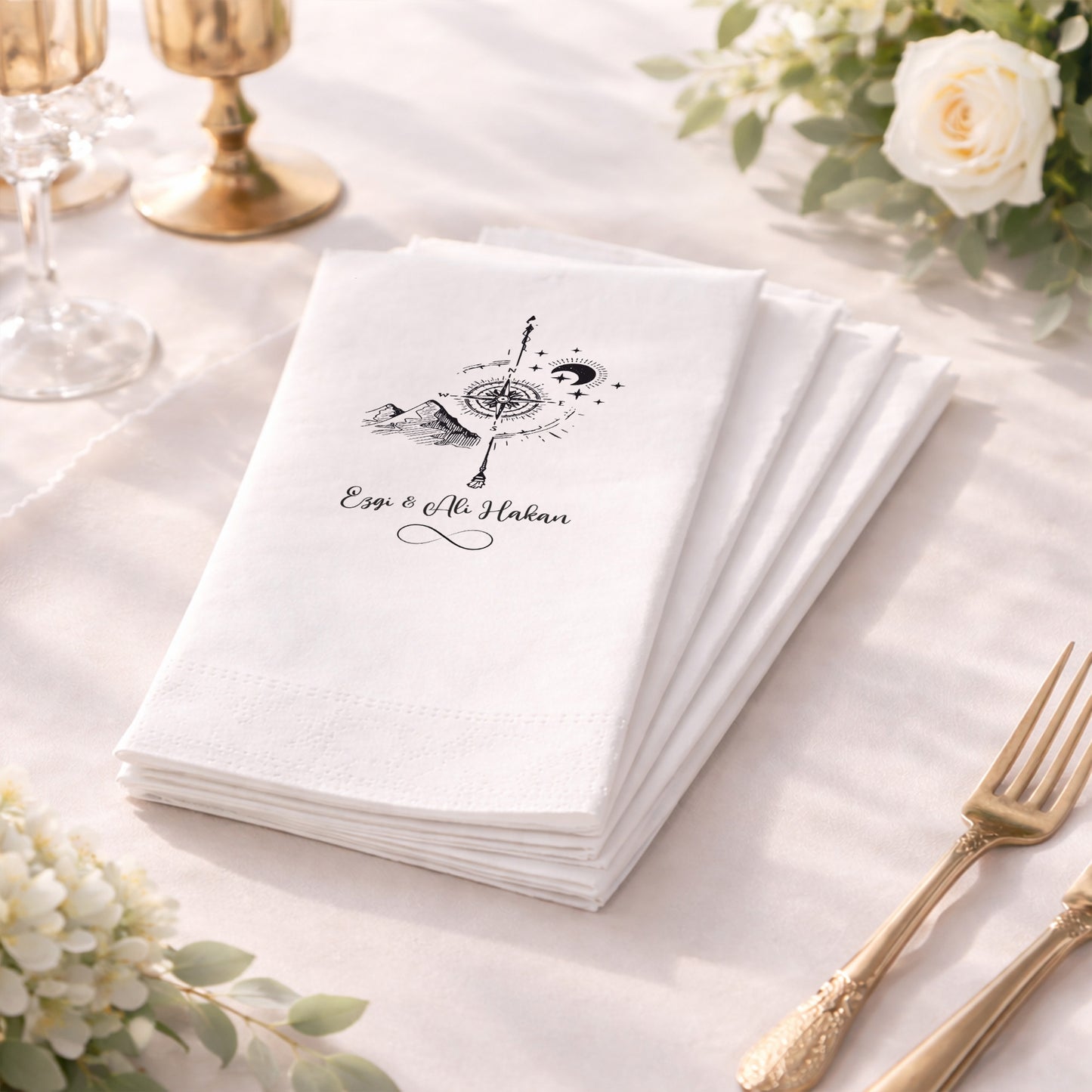 Düğün Nişan Kına İçin Floral Monogram Baskılı Peçete – Kişiye Özel Peçete