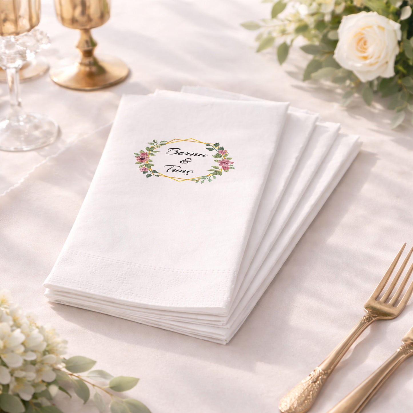 Berna & Tunç Floral Çerçeveli Düğün ve Nişan Baskılı Peçete