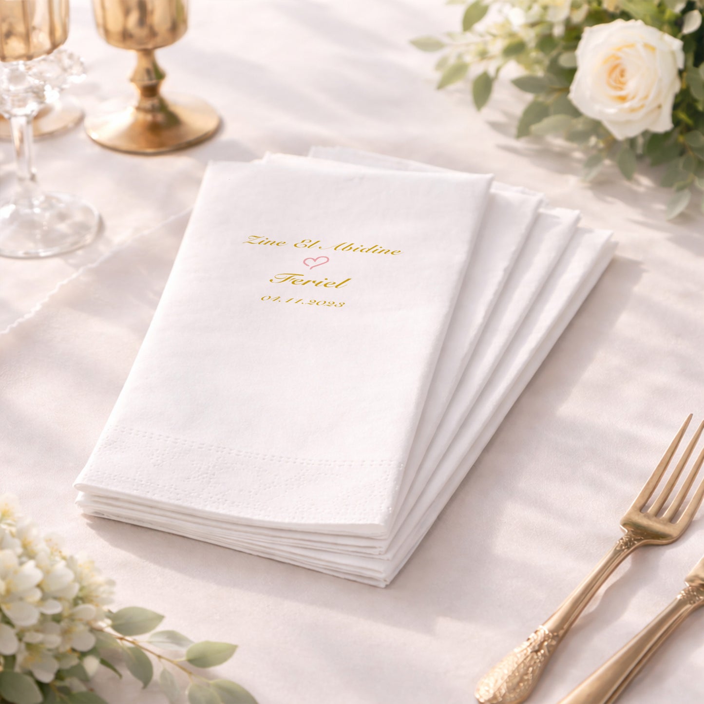 Kalpli Tipografili Düğün Peçetesi – Romantik ve Zarif Tasarım