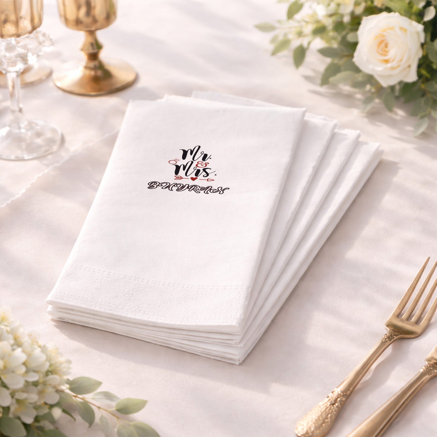 Mr & Mrs Yazılı İsimli Düğün Baskılı Peçete Tasarımı