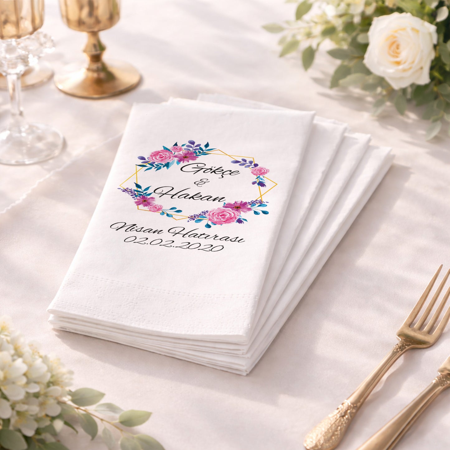 Gül Çerçeveli İsimli Nişan Hatırası Baskılı Peçete