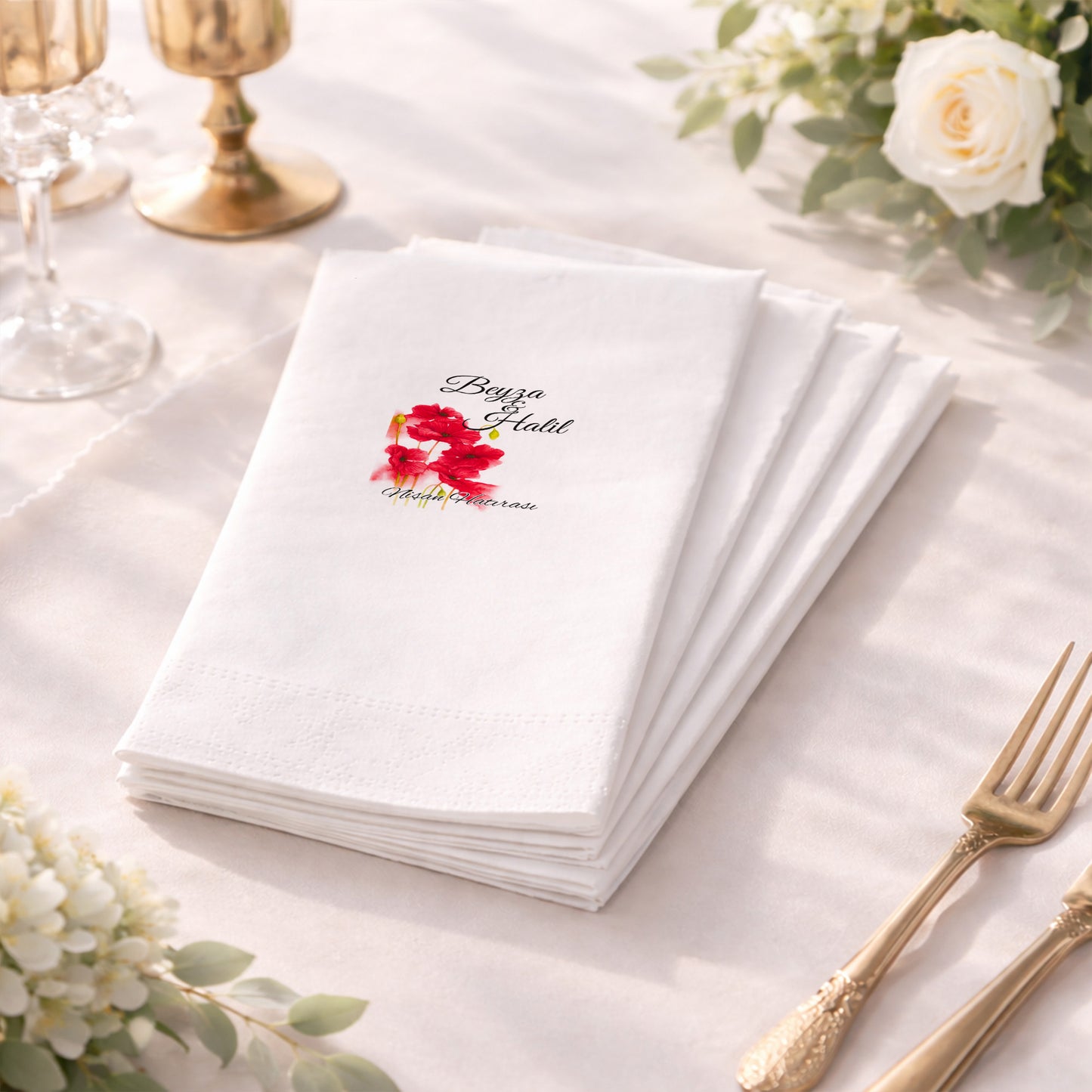 Mor Çelenkli Harf Logolu Düğün ve Nişan Baskılı Peçete