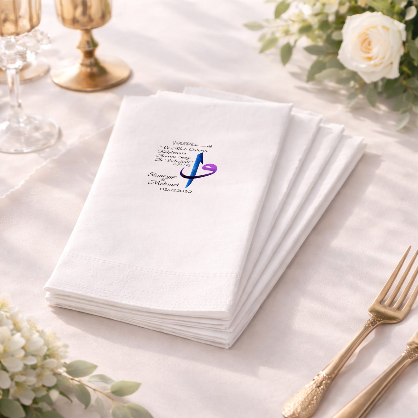 Ayet ve İsimli Nikah Peçetesi – Zarif Düğün Organizasyon Tasarımı