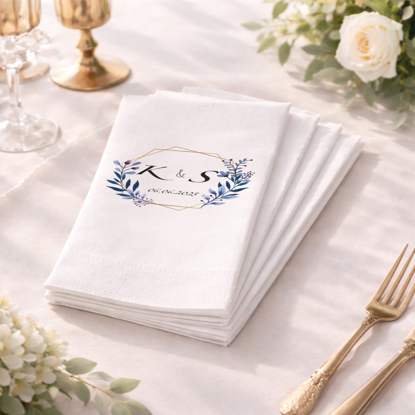 Geometrik Çerçeveli Yaprak Desenli İsimli Düğün ve Nişan Peçetesi