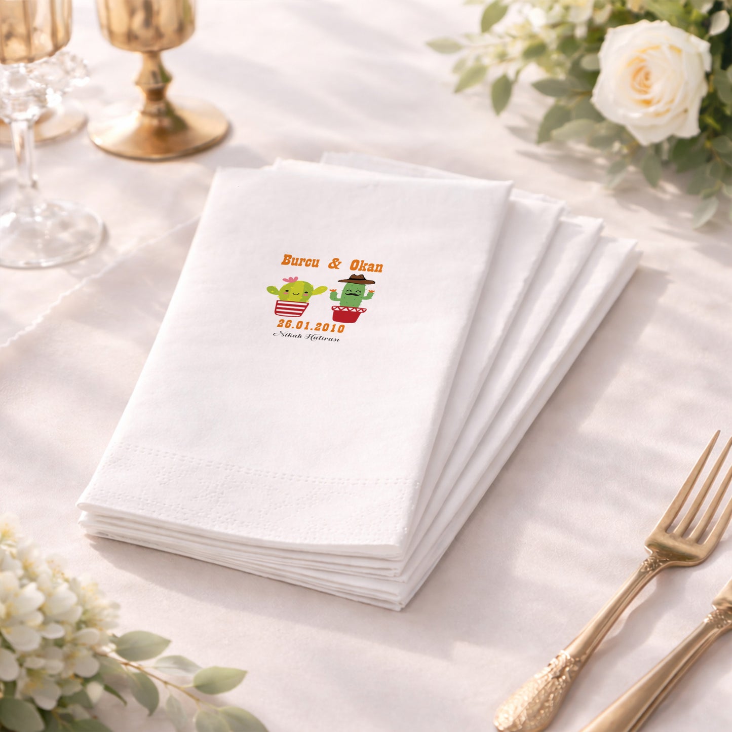 Eğlenceli Figürlü Kaktüs Temalı Nikah ve Kına Baskılı Peçete