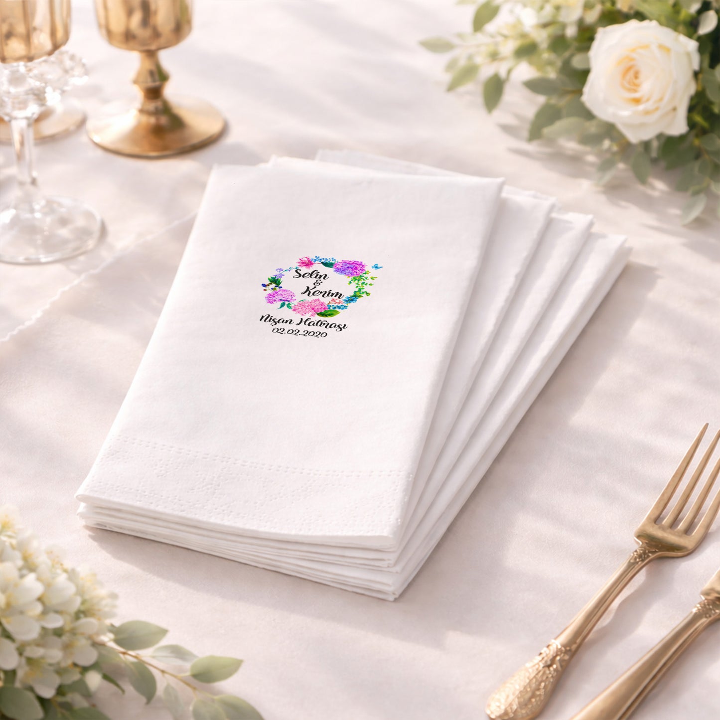 Renkli Çiçekli Romantik Nişan ve Söz Baskılı Peçete