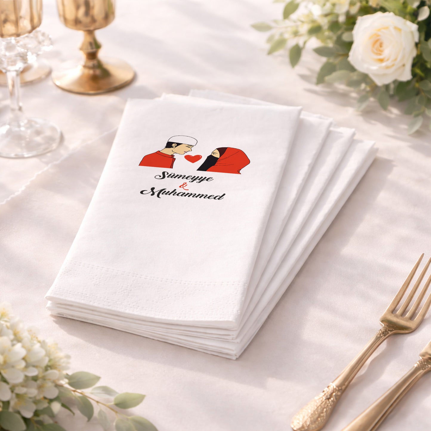 Figürlü Muhafazakâr Temalı İsimli Nikah Baskılı Özel Gün Peçetesi