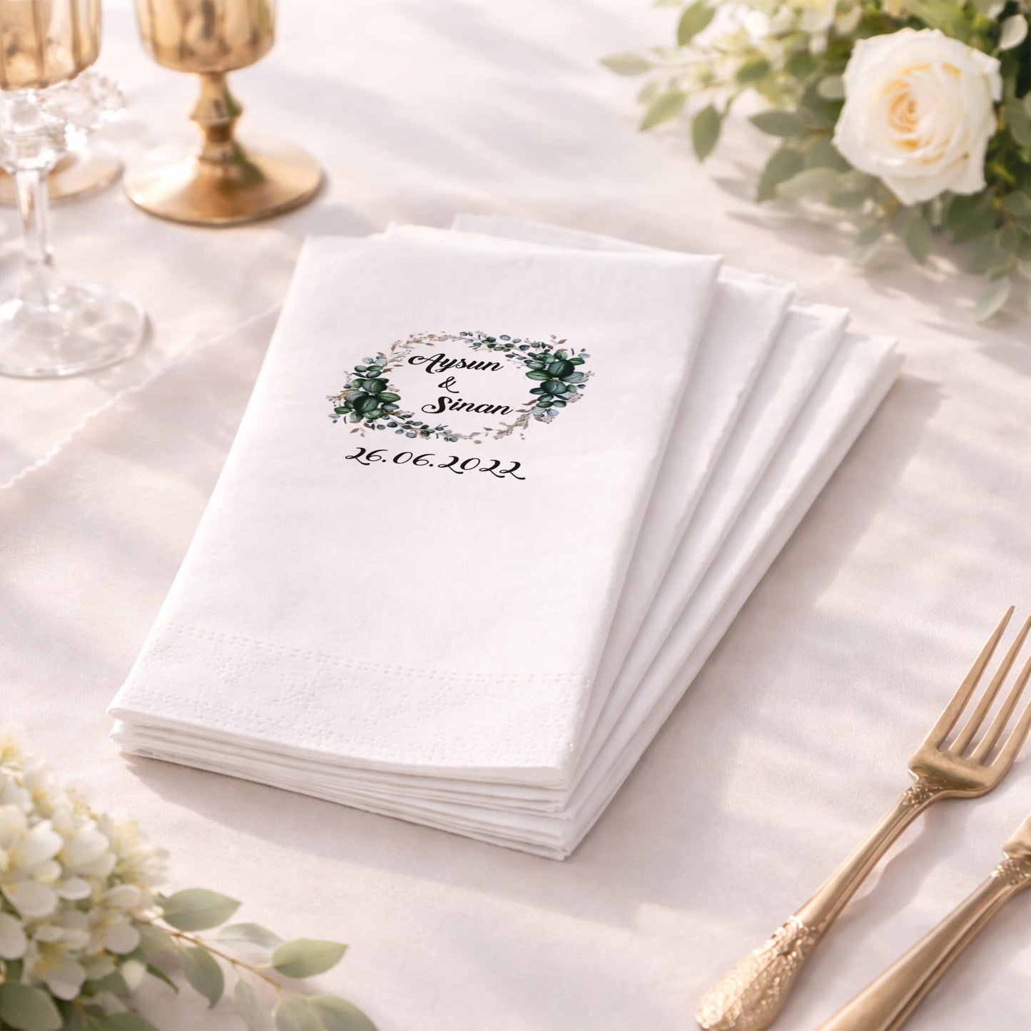 Aysun & Sinan Okaliptüs Çelenk Desenli Düğün Peçetesi