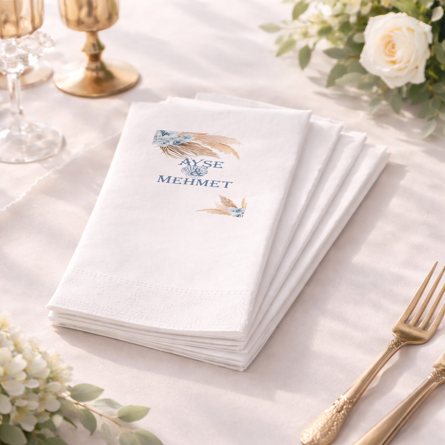 Ayşe & Mehmet Bohem Stil Rose ve Mavi Çiçek Desenli Kişiye Özel Baskılı Peçete
