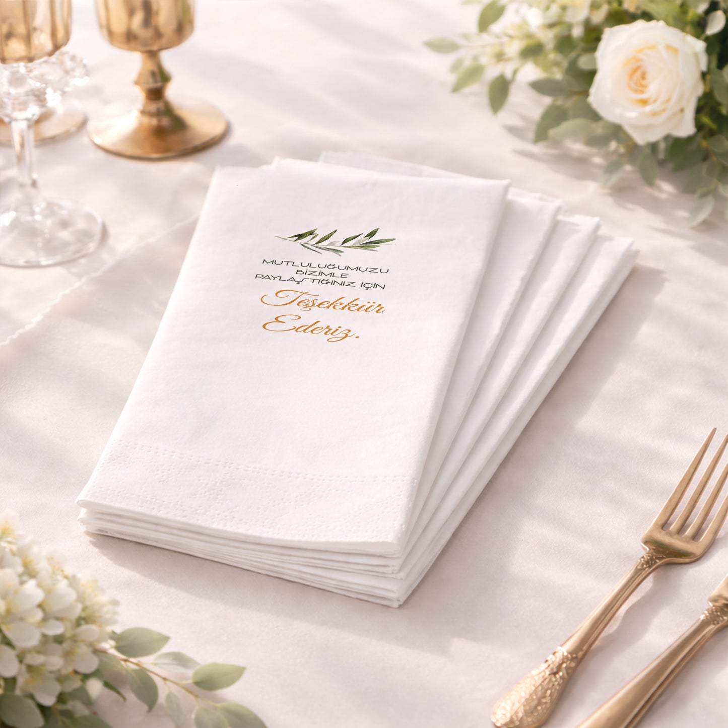Siyah Zeminli Zeytin Dalı Desenli Kişiye Özel Teşekkür Baskılı Peçete