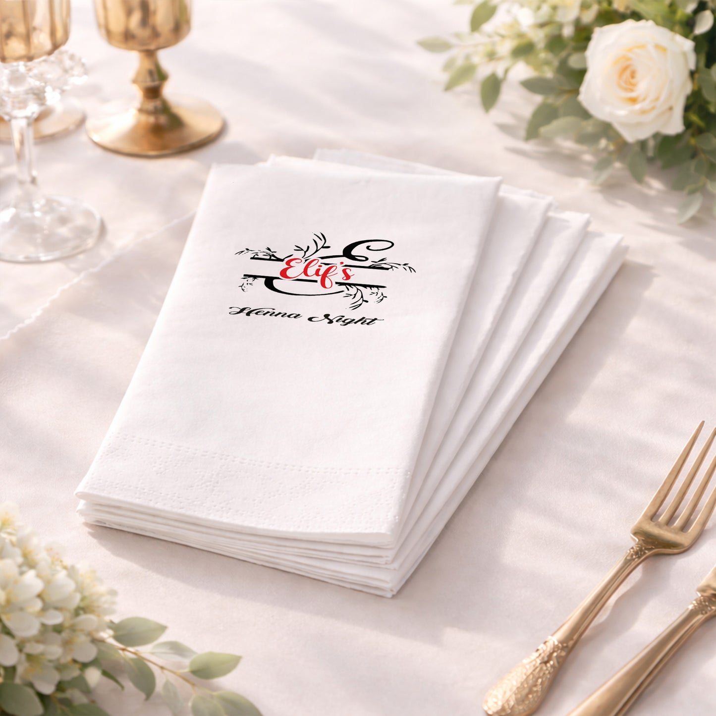 Elif’s Henna Night Kırmızı Yazılı Şık Kına Gecesi Peçetesi