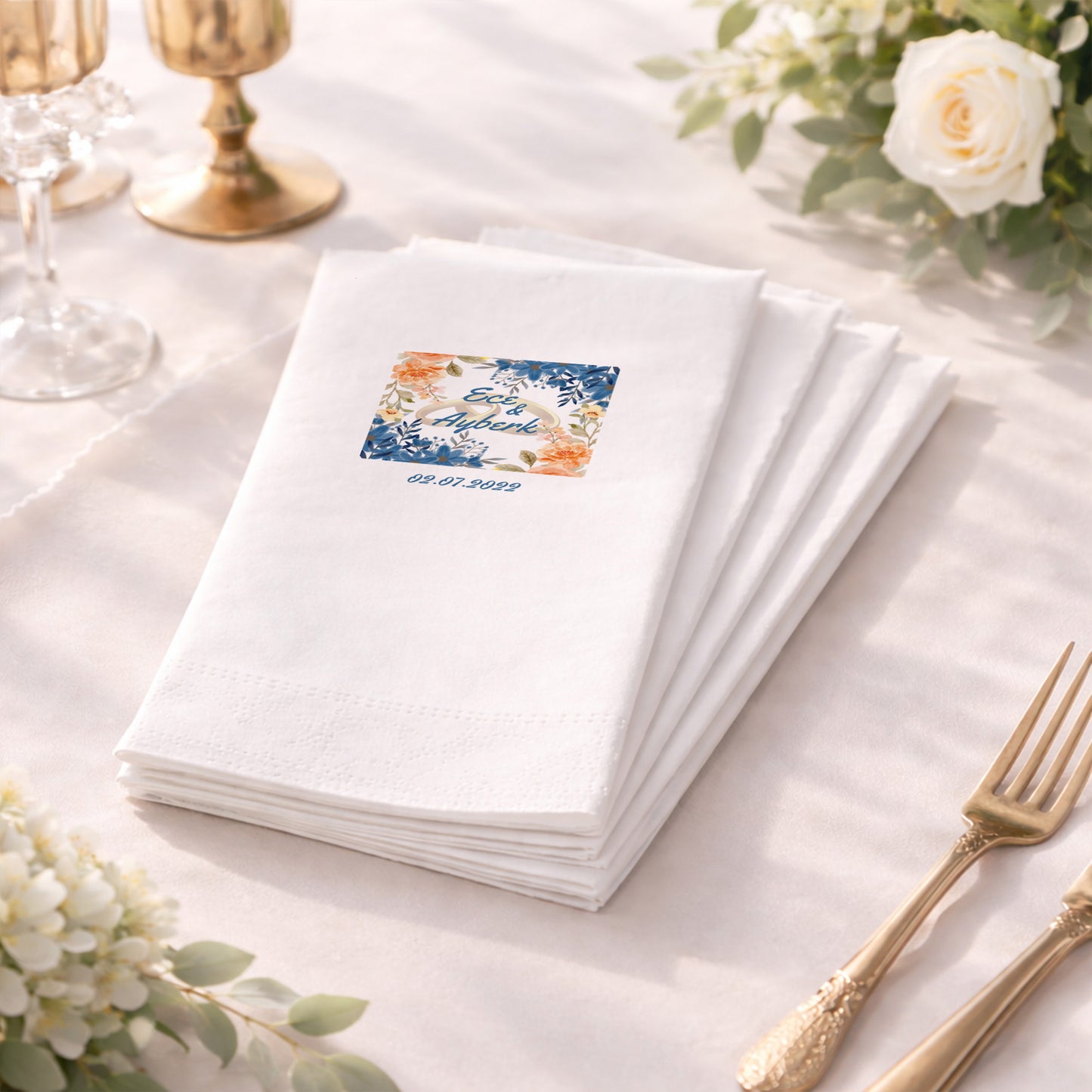 Ece & Ayberk İsimli Çiçek Desenli Alyans Baskılı Nişan Peçetesi