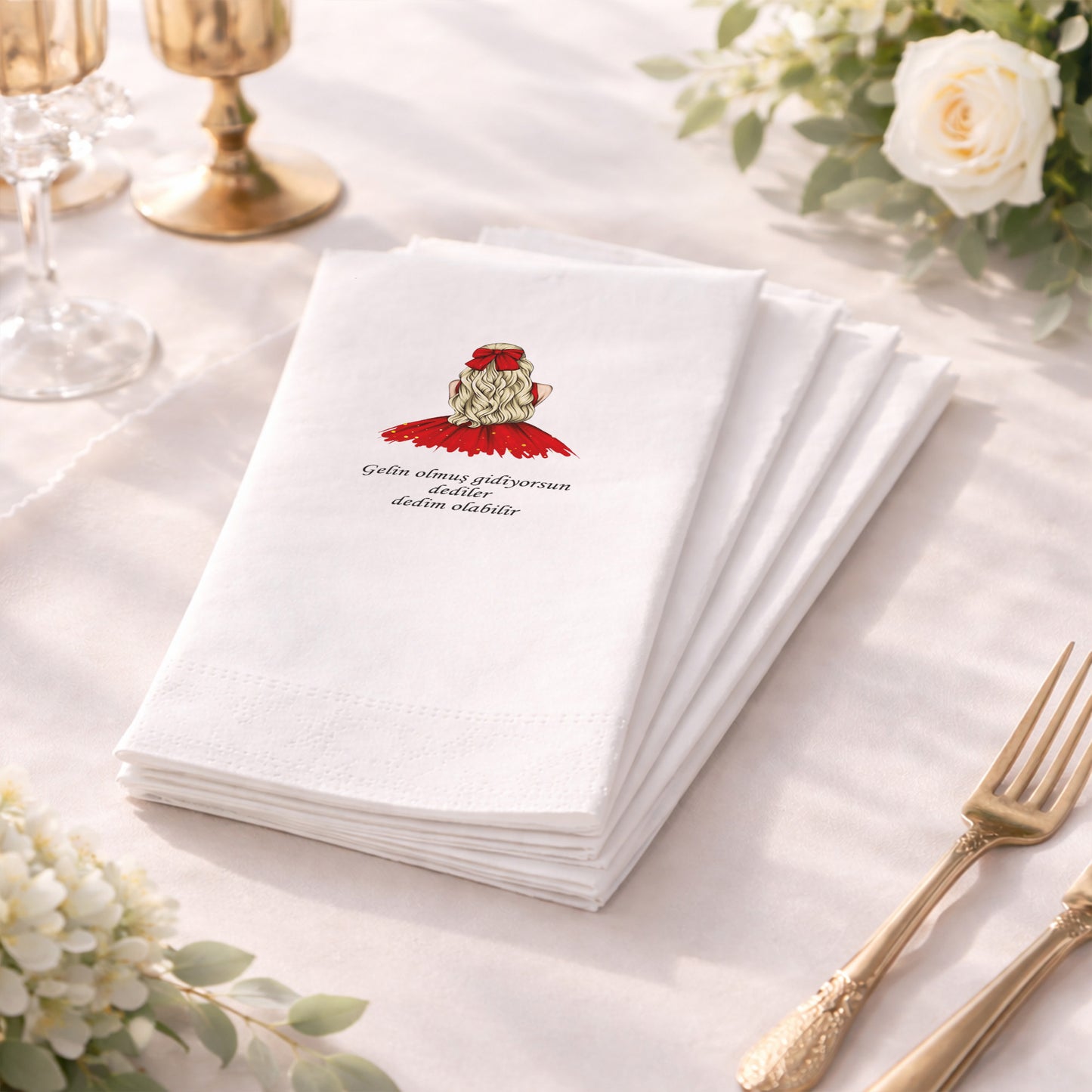 Kırmızı Elbiseli Modern Gelin Figürlü Kına Peçetesi