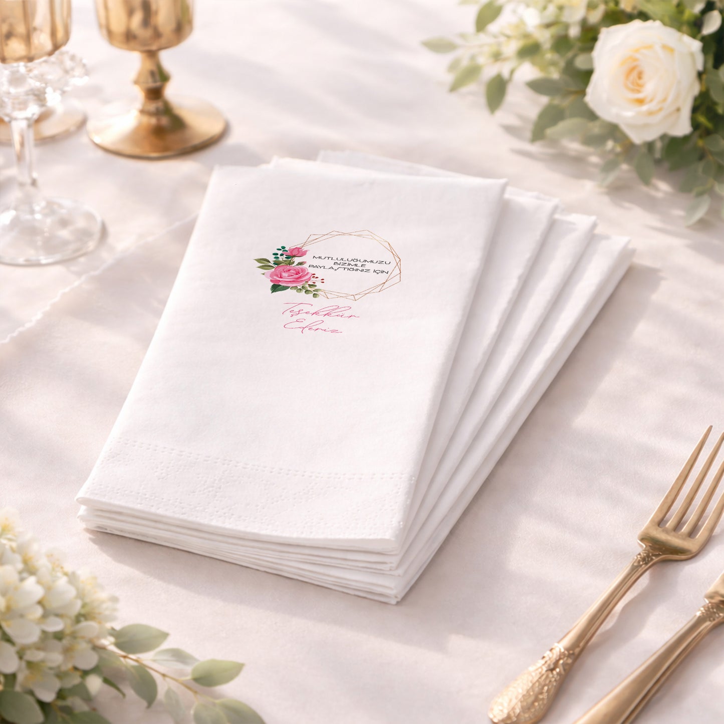 Pembe Gül ve Altın Geometrik Desenli Teşekkür Peçetesi