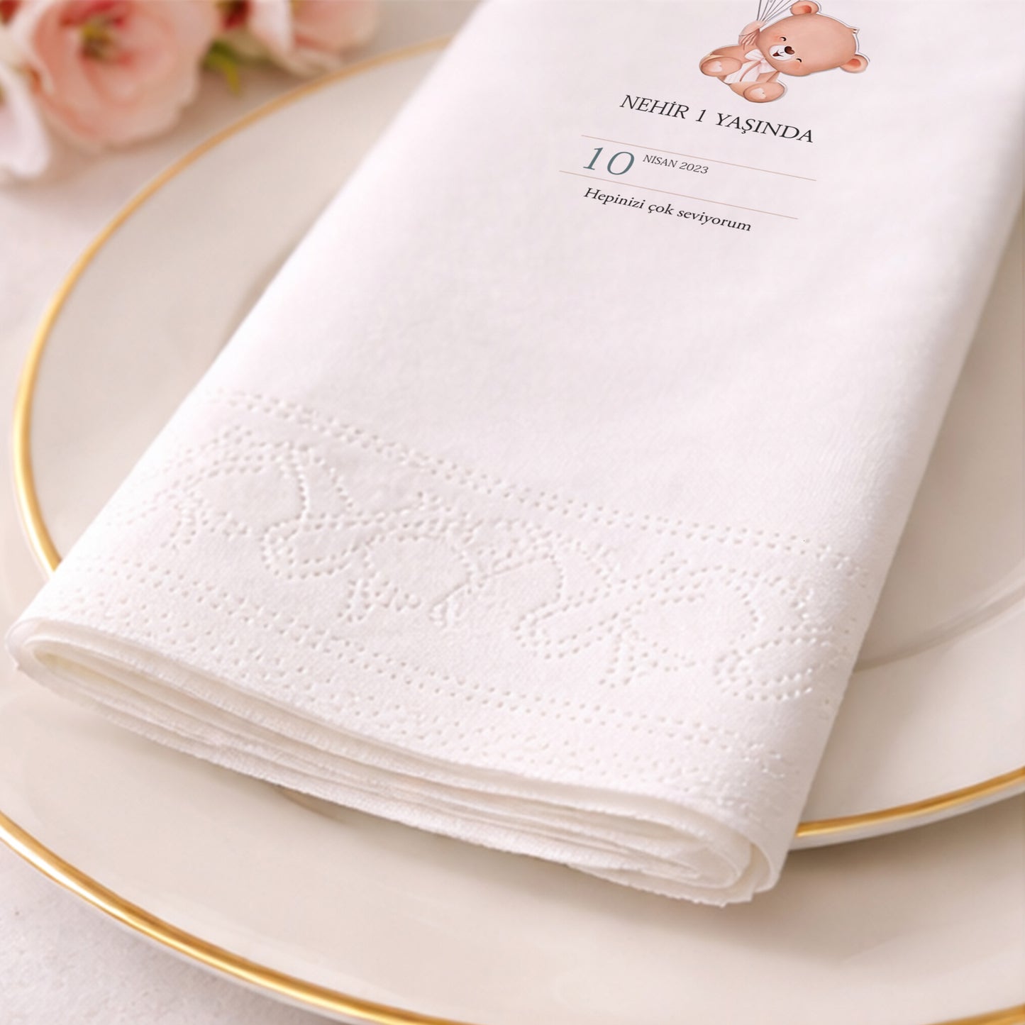 Balonlu Ayıcık Temalı Kız Bebek 1 Yaş Peçetesi