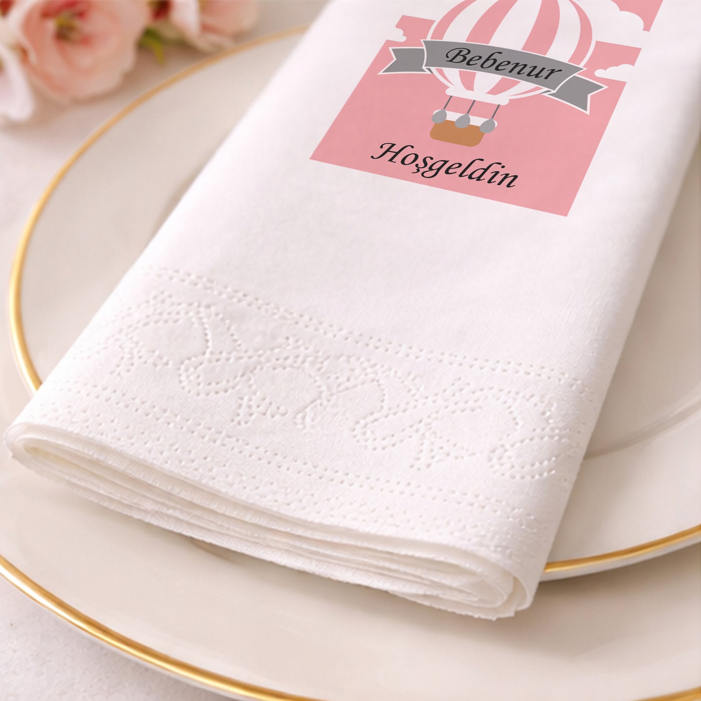 Balonlu Fil Temalı Kişiye Özel Bebek Hoş Geldin Peçetesi