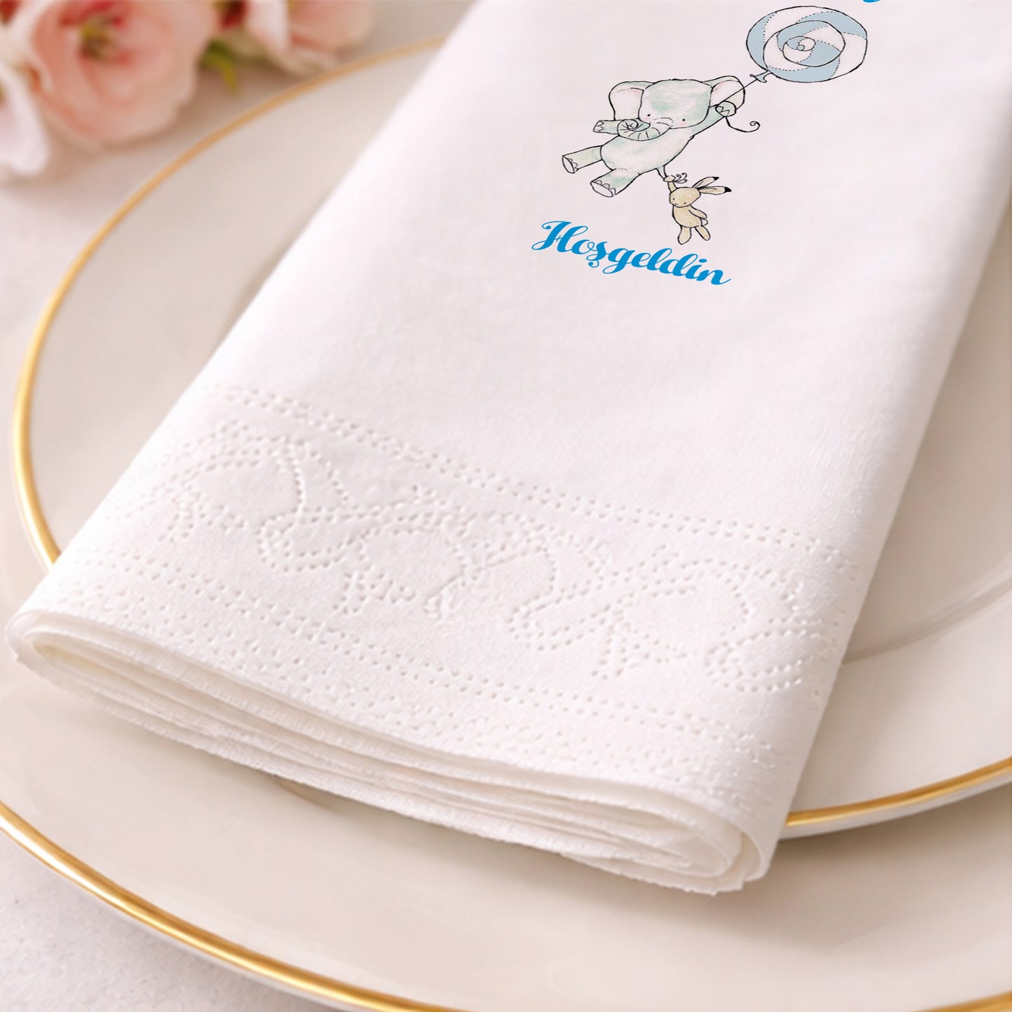 Balonlu Fil Temalı Kişiye Özel Kız Bebek Peçetesi