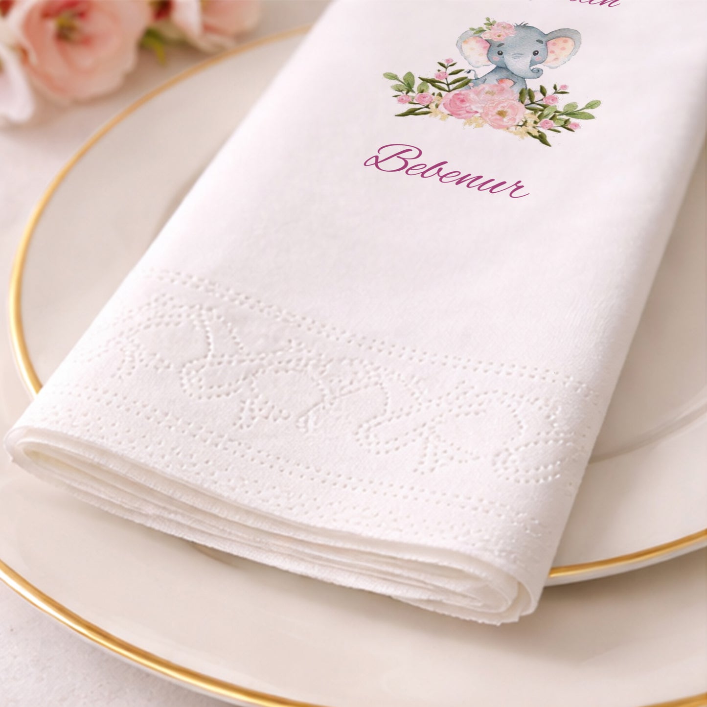 Çiçekli Fil İllüstrasyonlu Bebenur Hoş Geldin Bebek Peçetesi