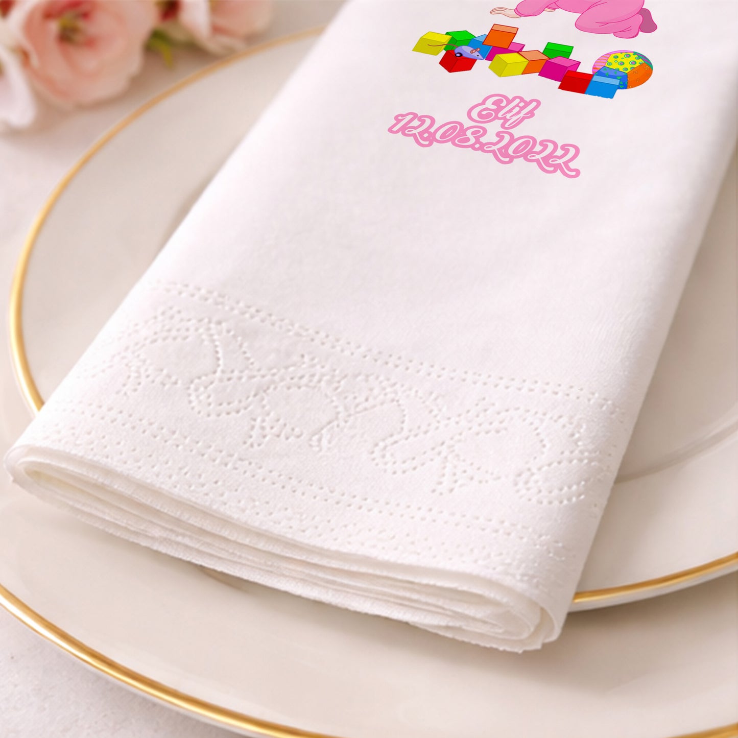 Elif İsme Özel Pembe Emekleyen Bebek Ve Blok Temalı Peçete