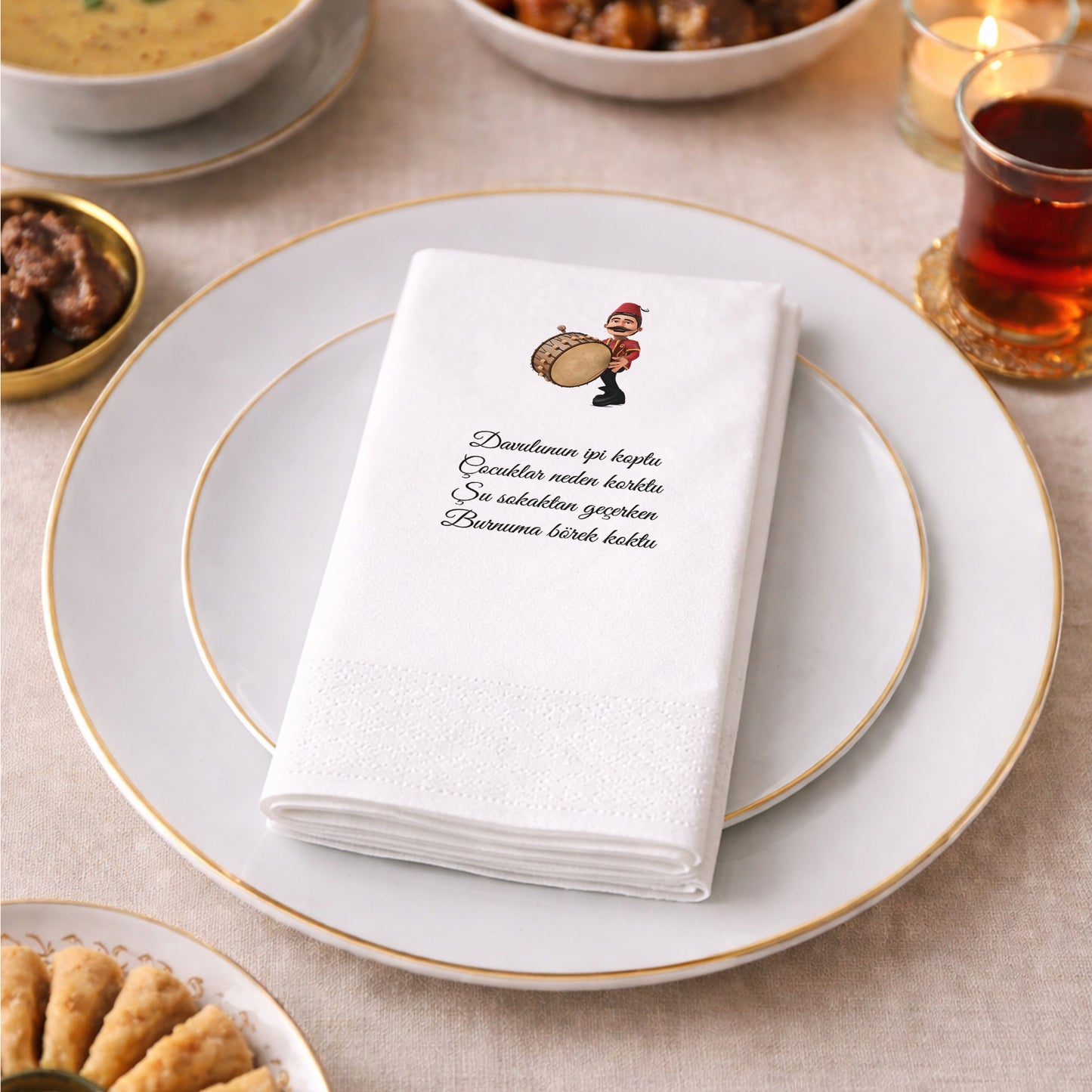 Kidzia Ramazan Davulcusu Baskılı Peçete – Mani Yazılı, 33x33 cm Çift Katlı, 20’li Paket