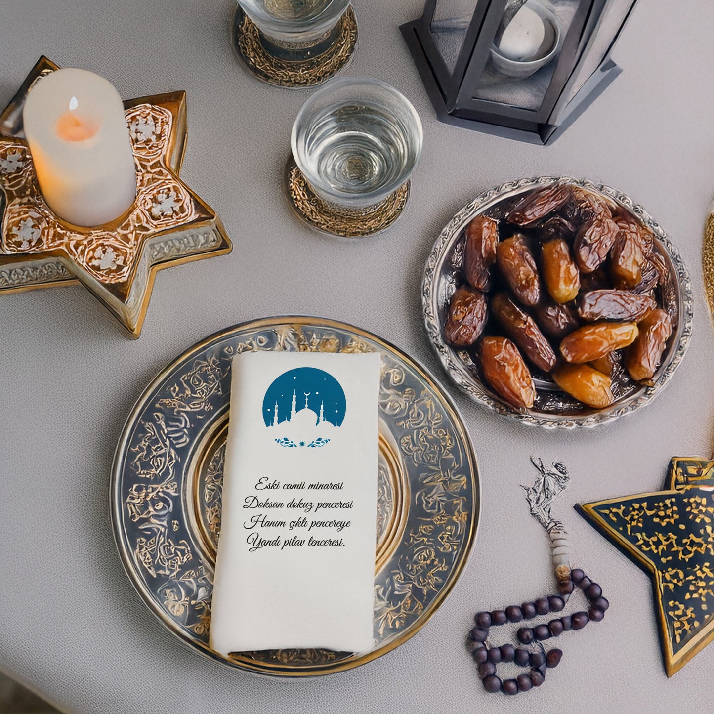 Kidzia Yuvarlak Camii Silüeti Ramazan Peçetesi – Mani Yazılı, 33x33 cm Çift Katlı, 20’li Paket