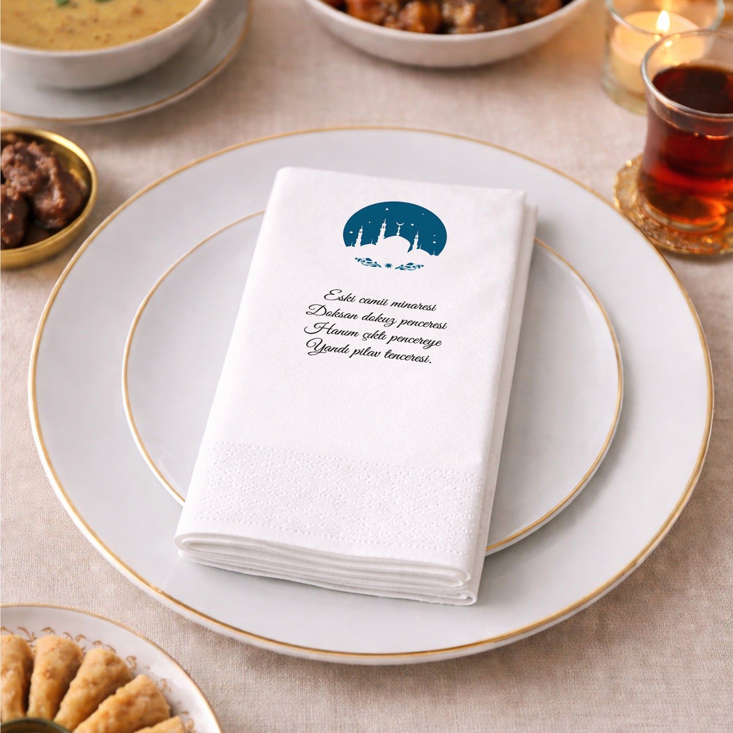Kidzia Yuvarlak Camii Silüeti Ramazan Peçetesi – Mani Yazılı, 33x33 cm Çift Katlı, 20’li Paket