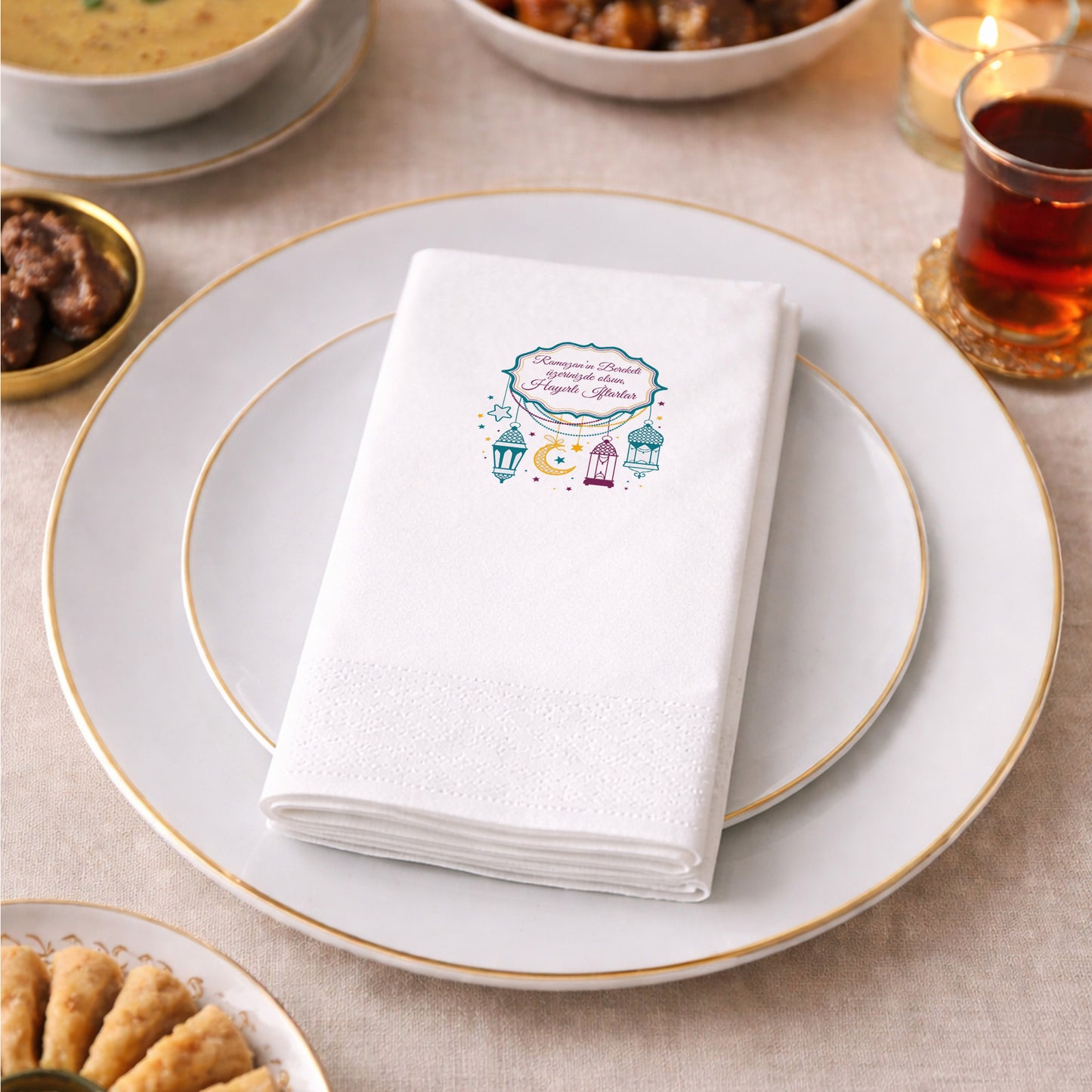 Kidzia Fenerli & Ay-Yıldızlı Çerçeve Ramazan Peçetesi – Yazılı Tasarım, 33x33 cm Çift Katlı, 20’li Paket