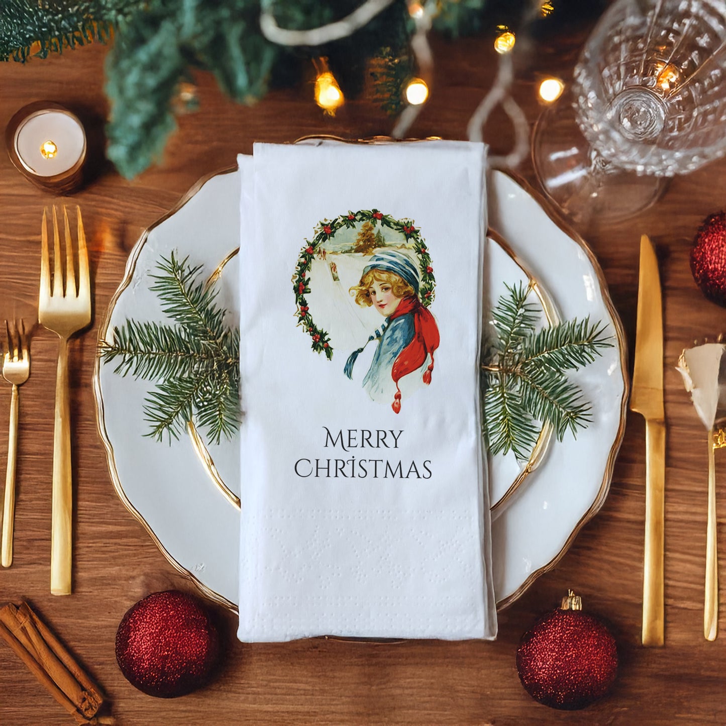 Vintage Merry Christmas Kız Figürlü Baskılı Peçete – Çelenk Desen, 33x33 cm Çift Katlı, 20’li Paket