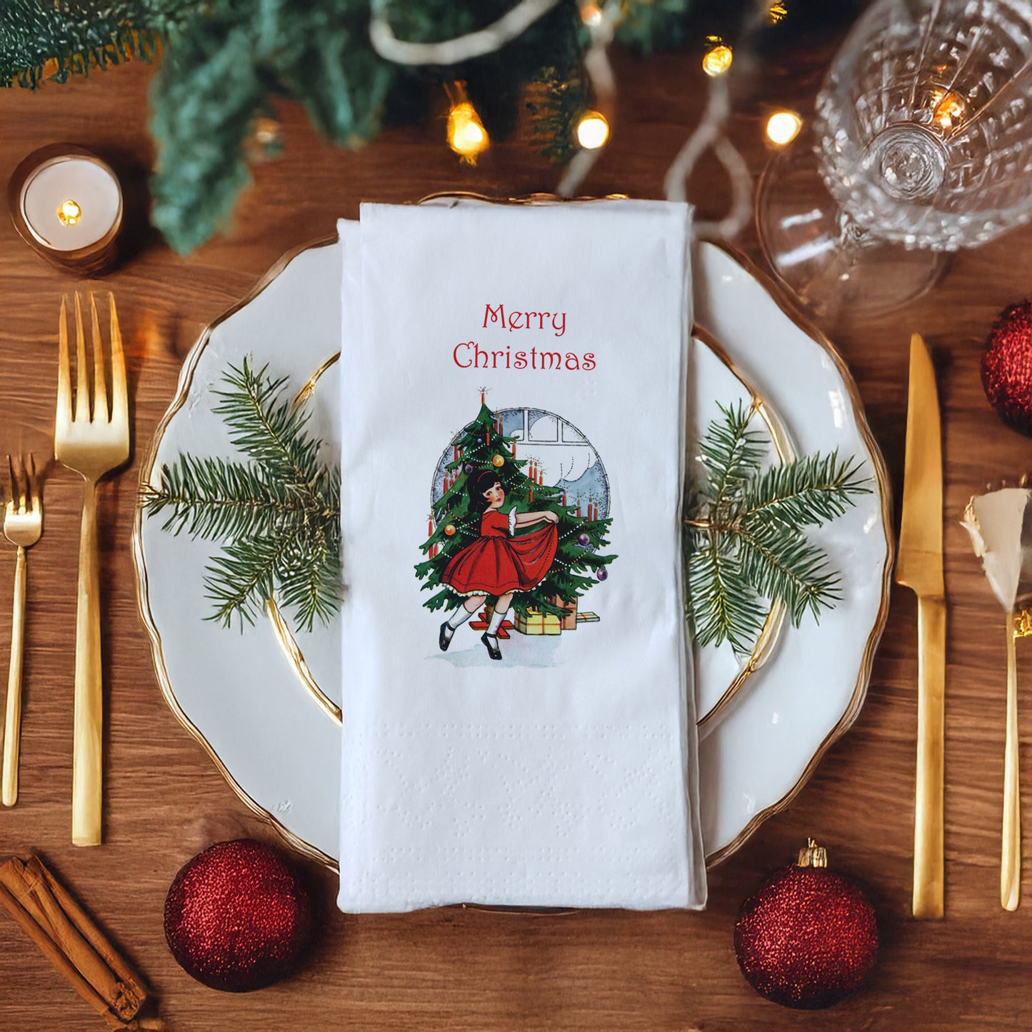 Vintage Christmas Kız ve Ağaç Baskılı Merry Christmas Peçete – 33x33 cm Çift Katlı, 20’li Paket