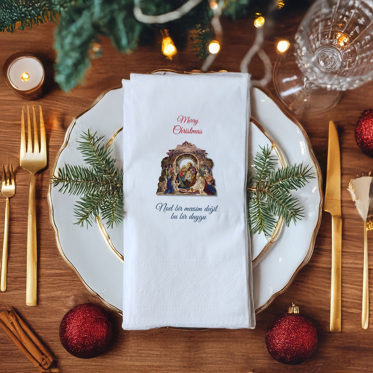 Nativity Scene Merry Christmas Peçetesi – Kutsal Doğuş İllüstrasyonlu, 33x33 cm Çift Katlı, 20’li Paket