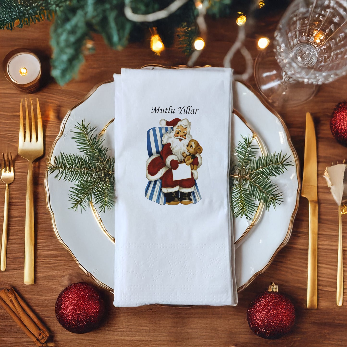 Mutlu Yıllar Vintage Noel Baba & Oyuncak Ayı Desenli Yılbaşı Peçetesi – 20’li | 33x33cm Çift Katlı Selülozik | Kidzia 2026
