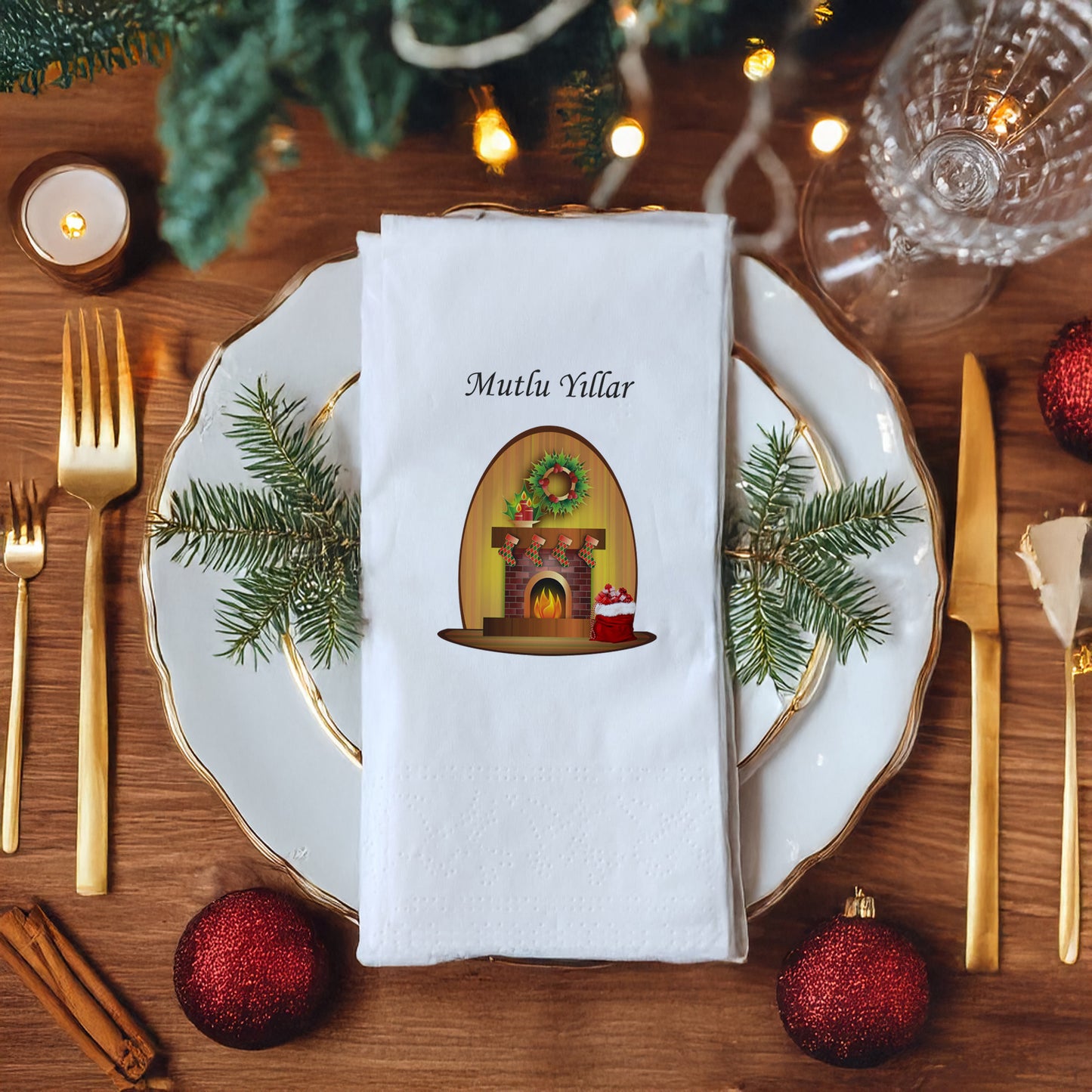 Mutlu Yıllar Şömine Desenli Yılbaşı Temalı Baskılı Peçete – 33x33cm Çift Katlı (20’li Paket)