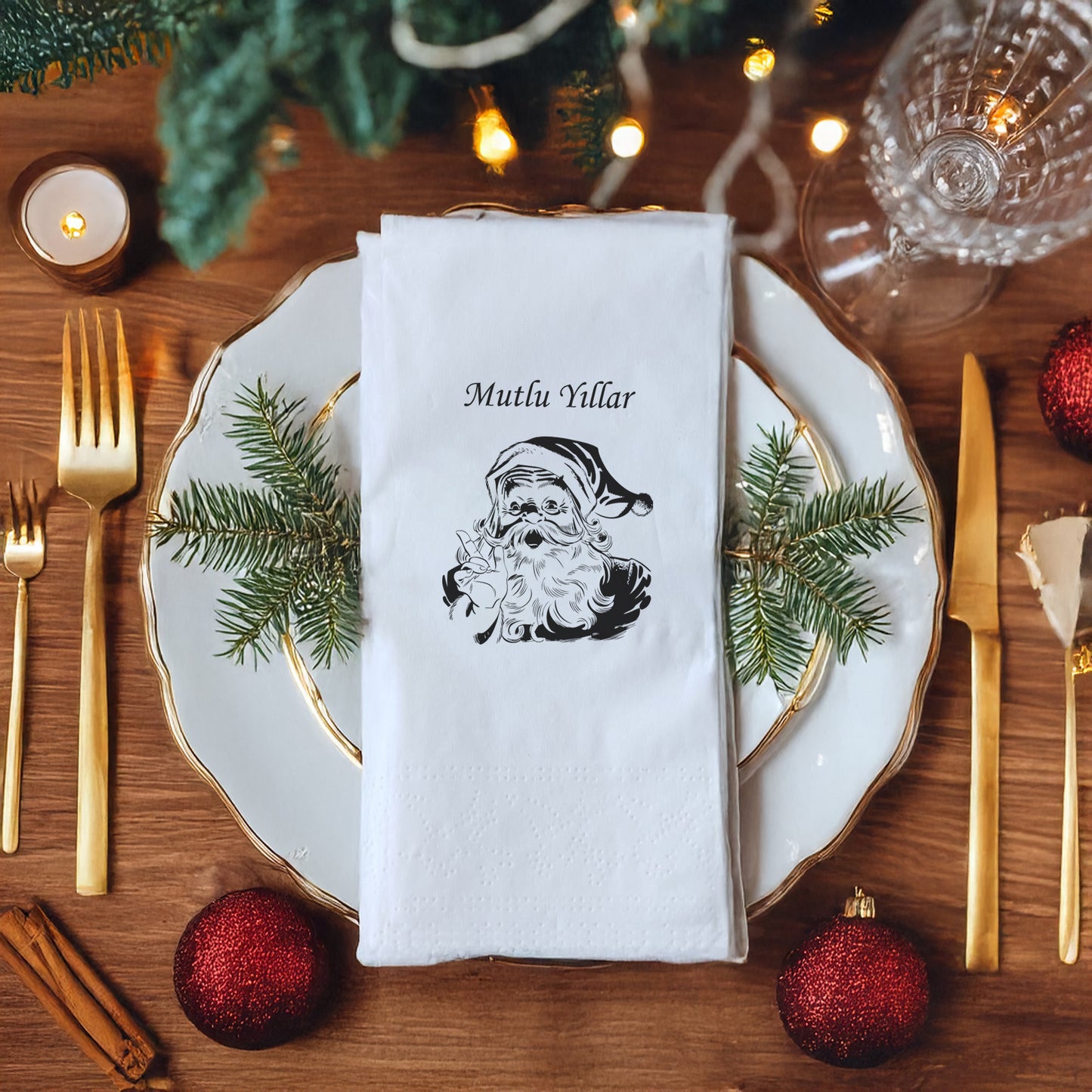 Mutlu Yıllar Siyah Beyaz Vintage Noel Baba Baskılı Yılbaşı Peçete – 33x33cm Çift Katlı (20’li Paket)
