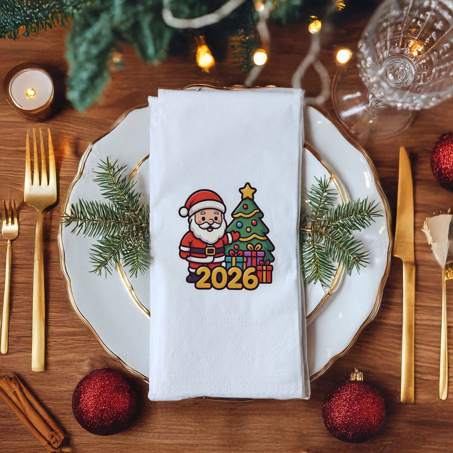 Yılbaşı Desenli Baskılı Peçete – Noel Baba & Çam Ağacı Temalı 2026 Yeni Yıl Sofrası Peçetesi | 20’li, 33x33 cm