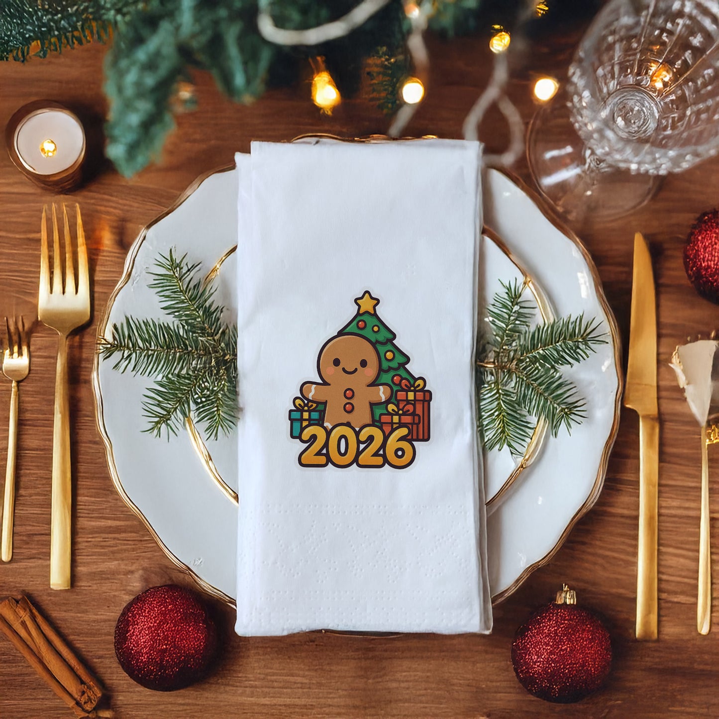 Zencefilli Kurabiye Adam Temalı Yılbaşı Peçetesi – 2026 Baskılı Yeni Yıl Sofra Peçetesi | 33x33 cm, 20’li Paket