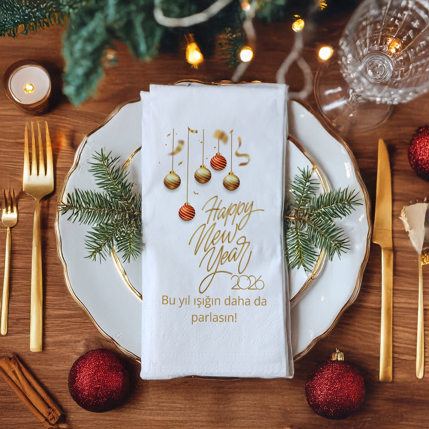 Altın Detaylı Happy New Year 2026 Peçetesi – Yılbaşı Süsleri ve Işıltılı Mesaj Baskılı Peçete | 33x33 cm, 20’li Paket