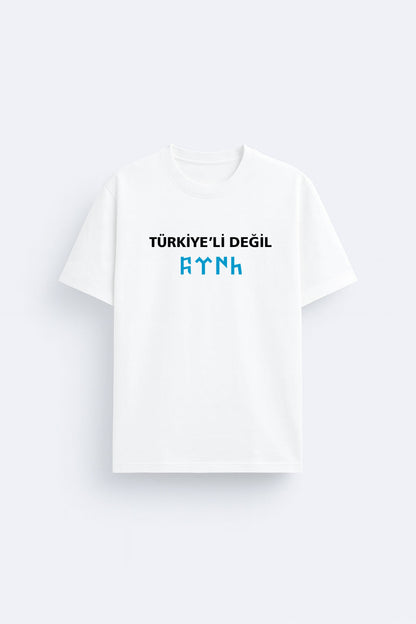 Türkiye'li  Değil Türk Baskılı Bisiklet Yaka Beyaz Tişört