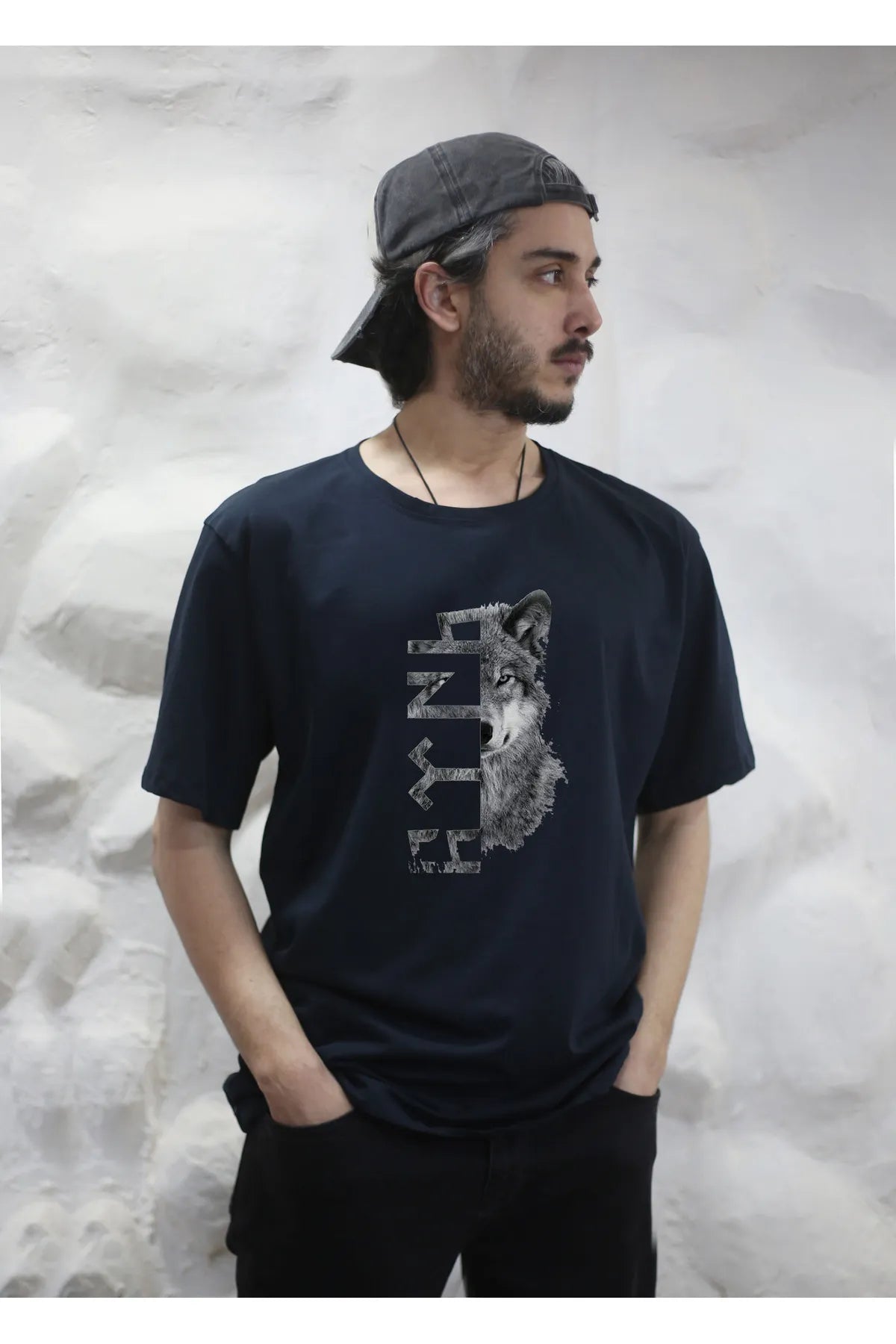 Türk Bozkurt  Baskılı Bisiklet Yaka Lacivert Tişört