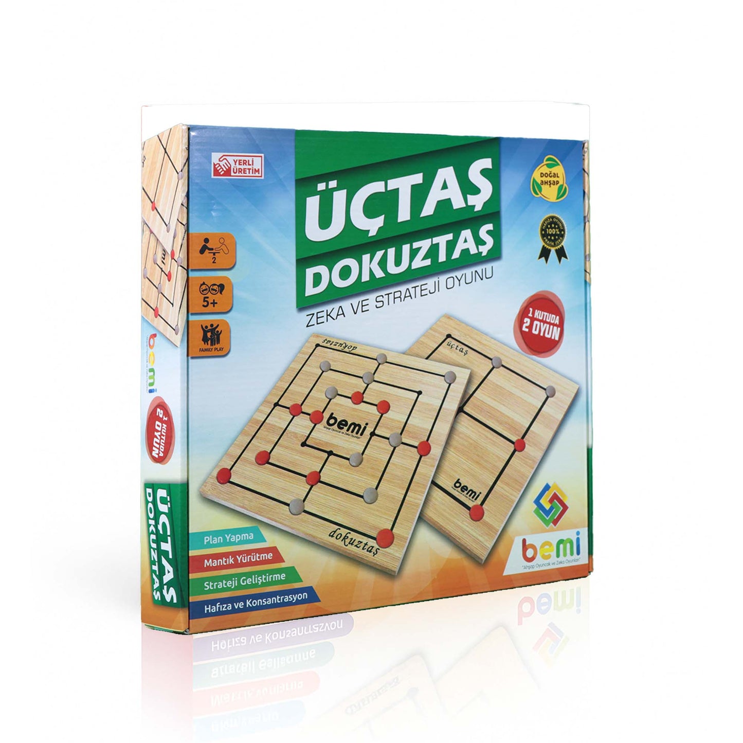 Bemi Üçtaş & Dokuztaş Zeka ve Strateji Oyunu | 2’si 1 Arada Ahşap Mantık Oyunu (5+ Yaş)