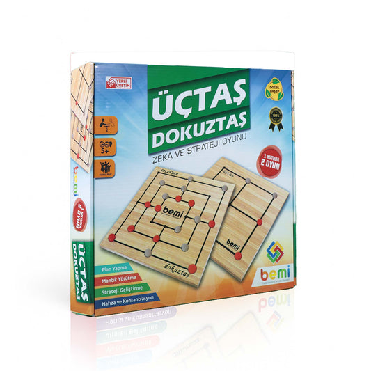 Bemi Üçtaş & Dokuztaş Zeka ve Strateji Oyunu | 2’si 1 Arada Ahşap Mantık Oyunu (5+ Yaş)