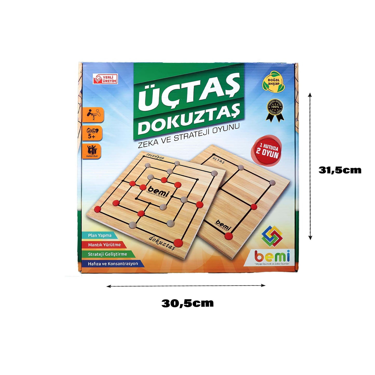 Bemi Üçtaş & Dokuztaş Zeka ve Strateji Oyunu | 2’si 1 Arada Ahşap Mantık Oyunu (5+ Yaş)