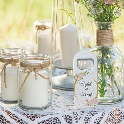 Pembe Güller ve Geometrik Çerçeve Tasarımlı - Kişiye Özel Plastik Açacak Magnet