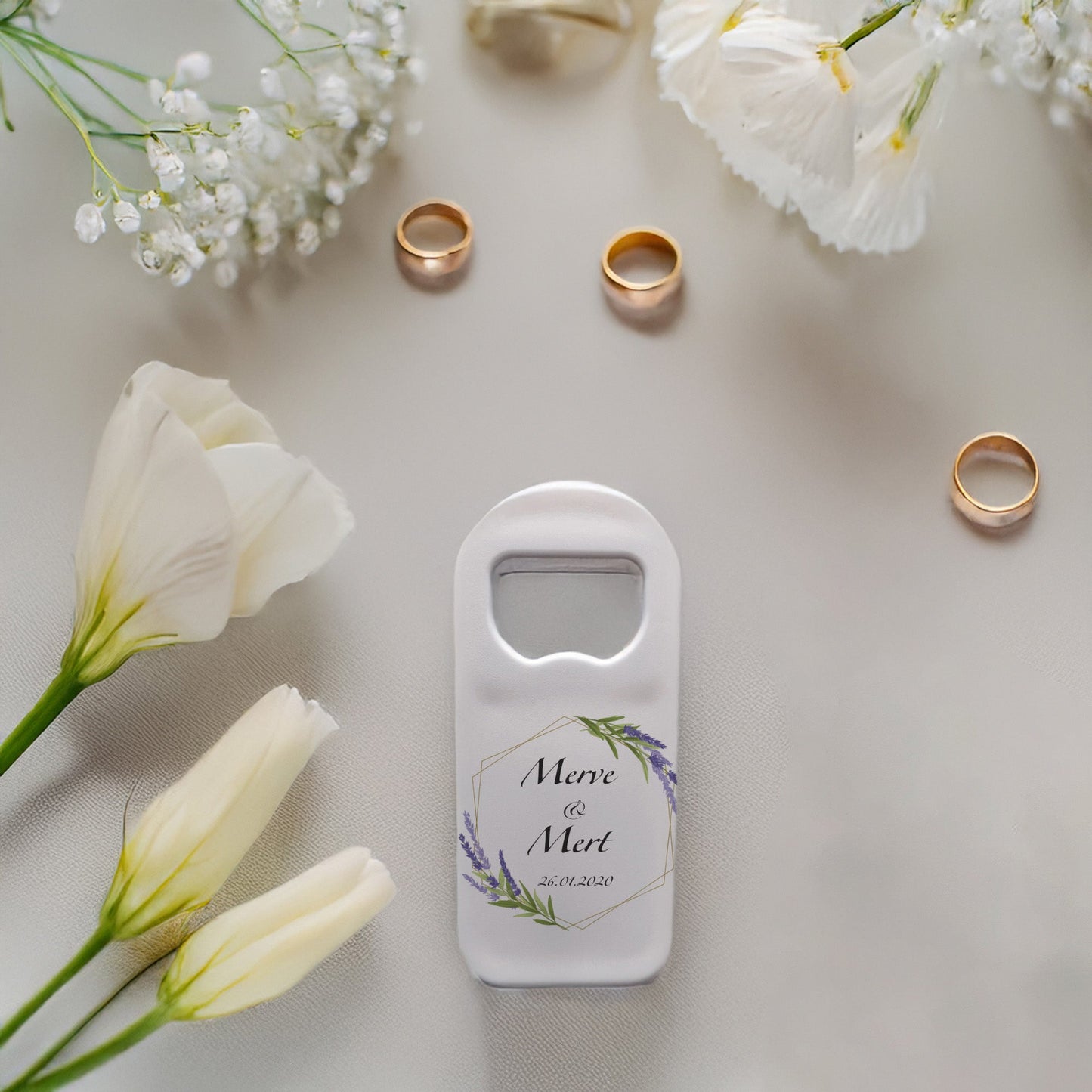 Lavanta Geometrik Çerçeve Tasarımlı – Kişiye Özel Plastik Açacak Magnet