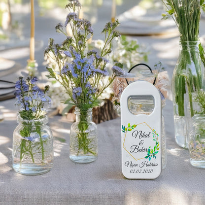 Geometrik Çerçeveli Yeşil Yaprak Tasarımlı – Kişiye Özel Plastik Açacak Magnet